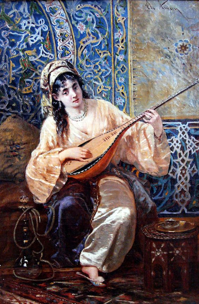 Haremde Bağlama Saz Müzik Enstrümanı Çalan Güzel Cariye Kız. Osmanlılar Padişahları Sultanları Saray Haremi Ailesi Eşleri Gözde İkbal Kadını Hanımı Hanımkadınları