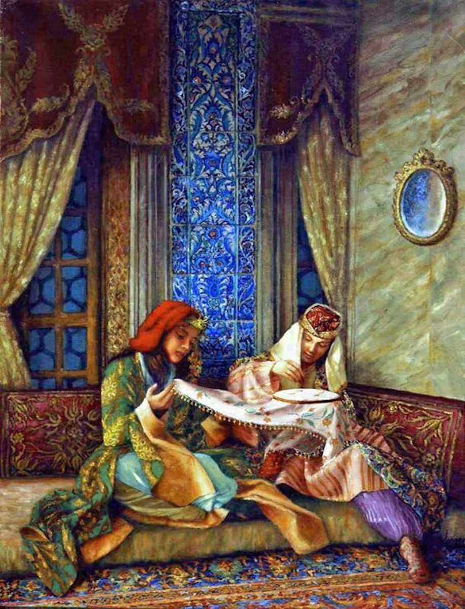 KANAVİÇE İŞLEYEN KADINLAR. Osmanlı İmparatorluğu Türk Sarayları Haremleri Tarihi Eski Cariye Kadın Tanım Tabloları Görsel.Ottoman Empire Ottomane Palace Harem Nedir